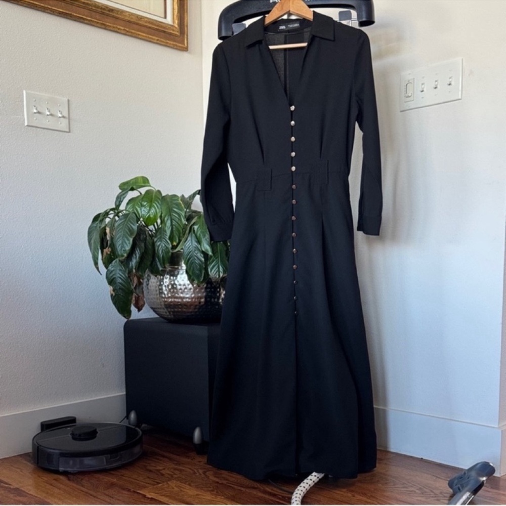 Zara Black Button Front Maxi/Midi Dress Sz S V Neck collared Long Sleeve
